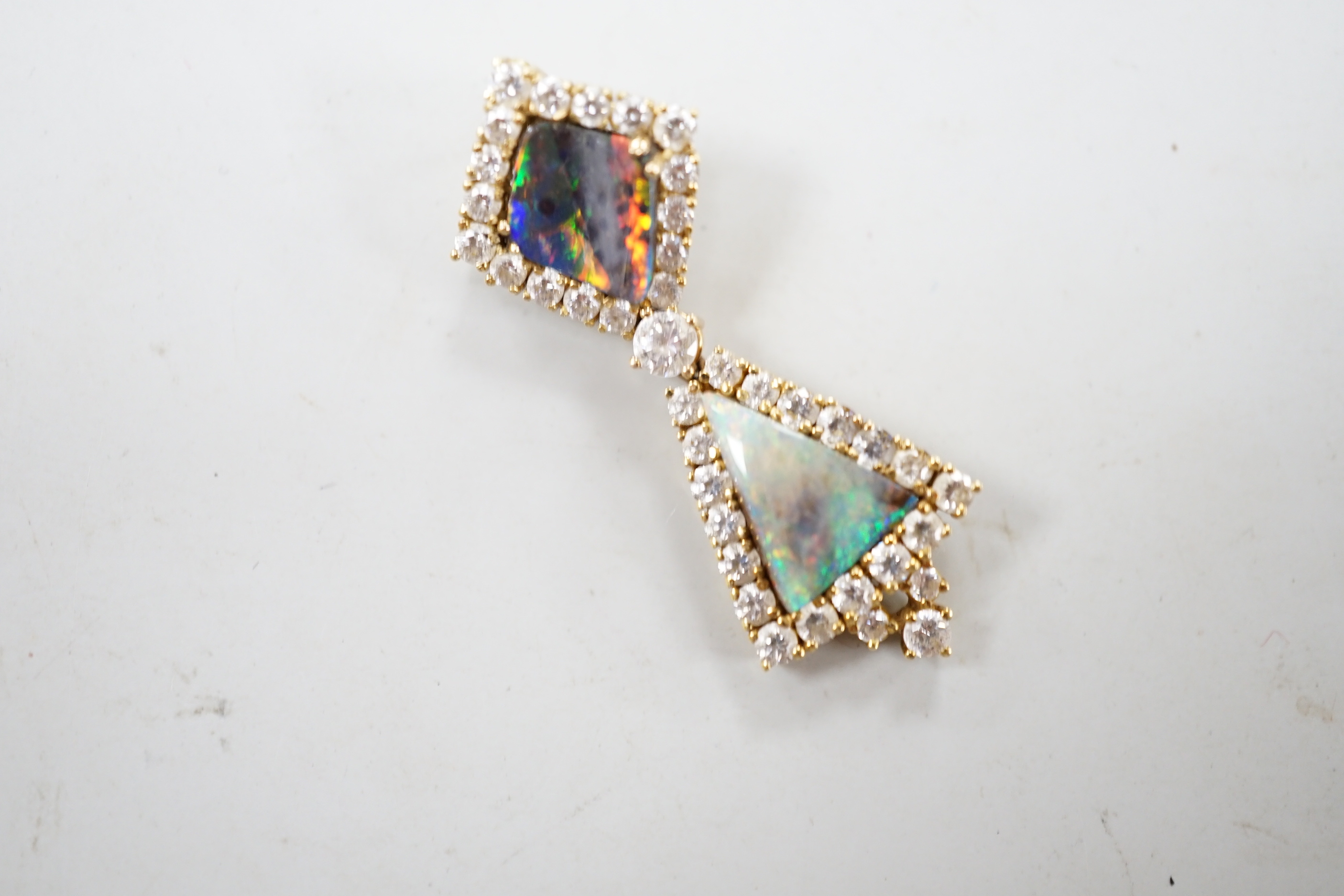 A modern 18k gold, two stone opal and white sapphire? cluster set drop pendant, 40mm, gross weight 5.7 grams.